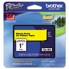 Brother Black on Yellow Laminated P-Touch Label Tape (1in X 26.25Ft.) (TZE-651)